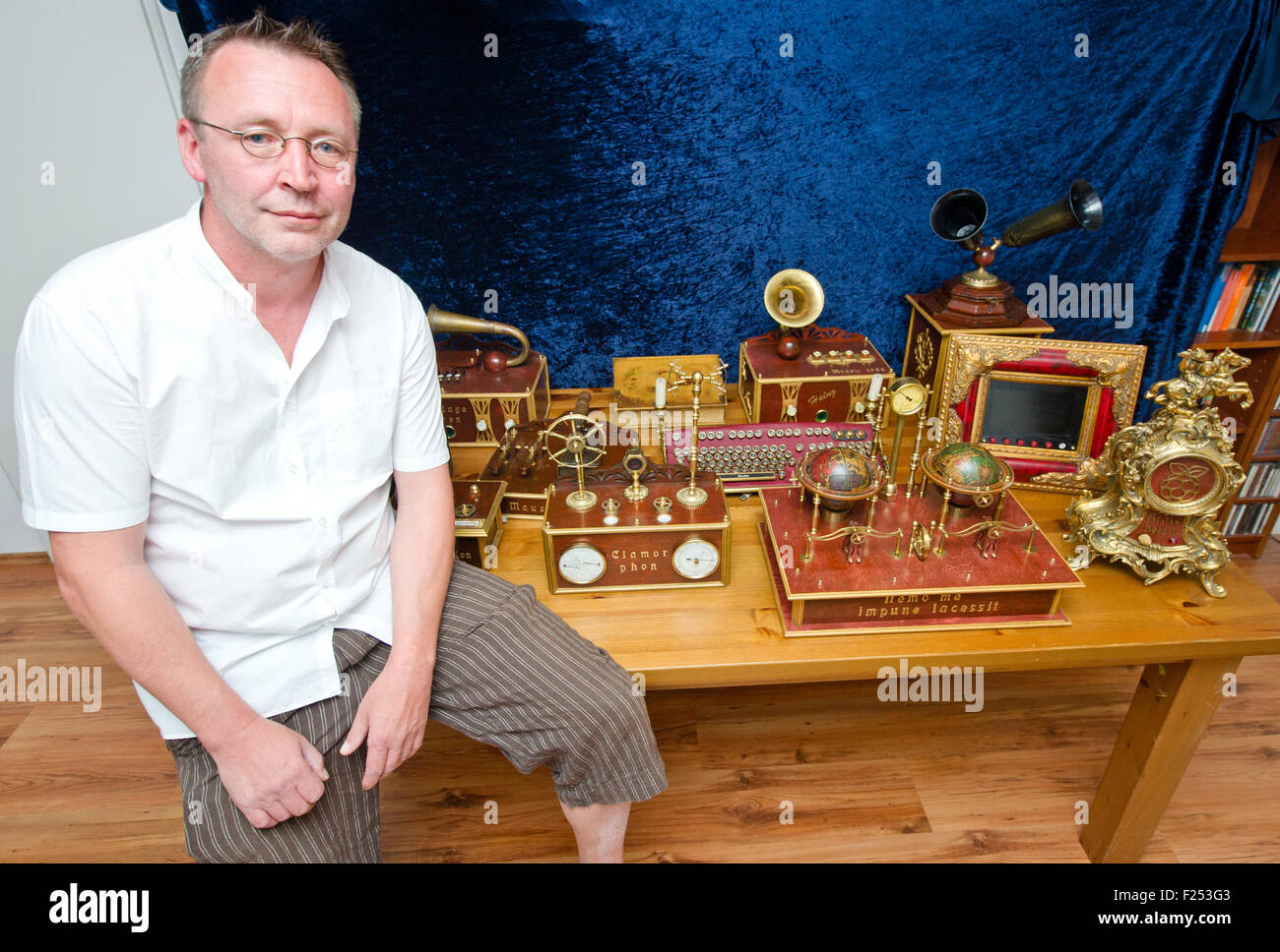 Inventor Joachim Buff with some of his creations in Frankfurt am Main,  Germany, 25 August 2015. The hobby is referred to as Steampunk and combines  an historical aesthetic with modern technology. PHOTO: