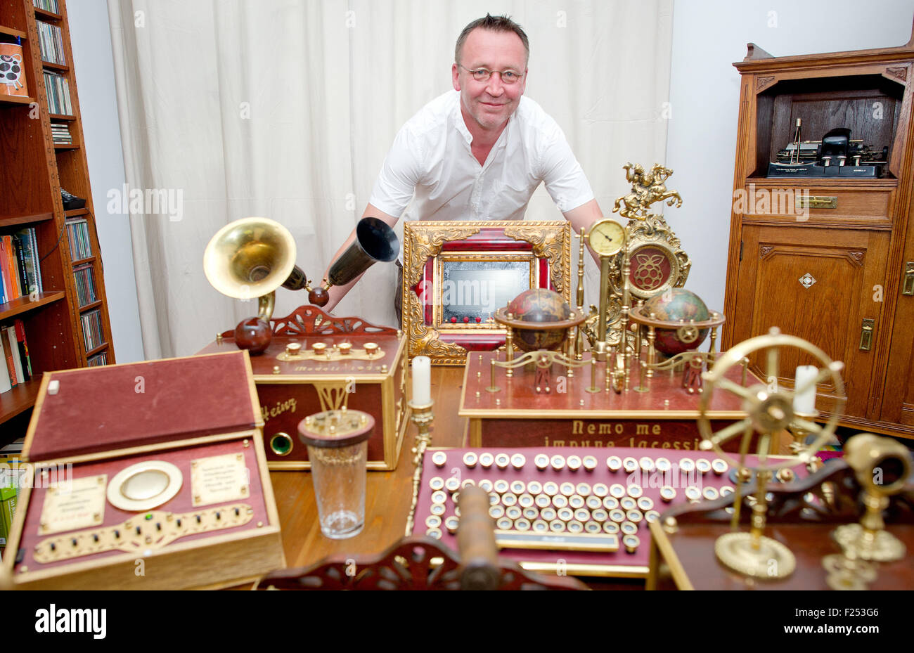 Inventor Joachim Buff with some of his creations in Frankfurt am Main,  Germany, 25 August 2015. The hobby is referred to as Steampunk and combines  an historical aesthetic with modern technology. PHOTO:
