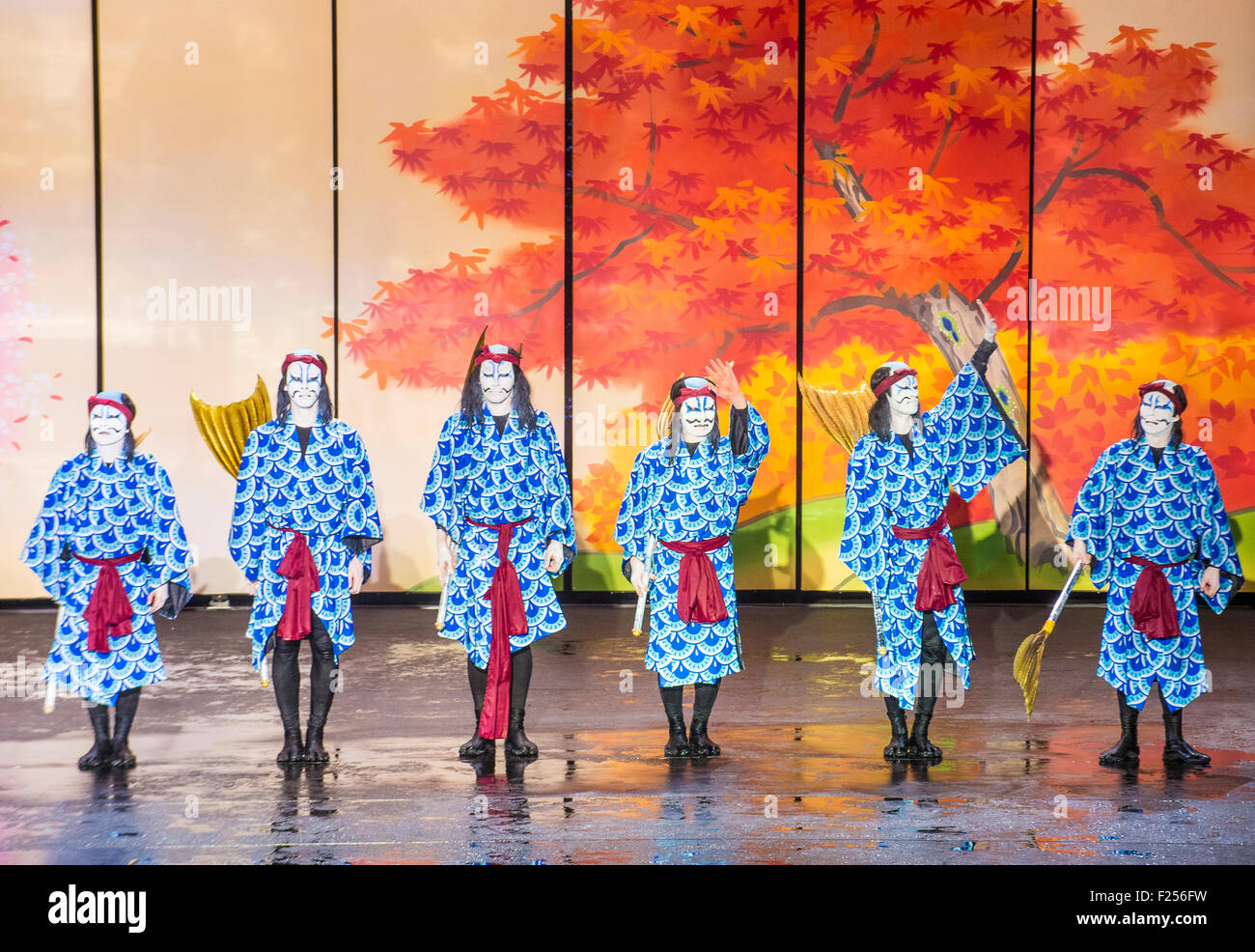 Traditional Japanese Kabuki performance in front of the Bellagio hotel ...