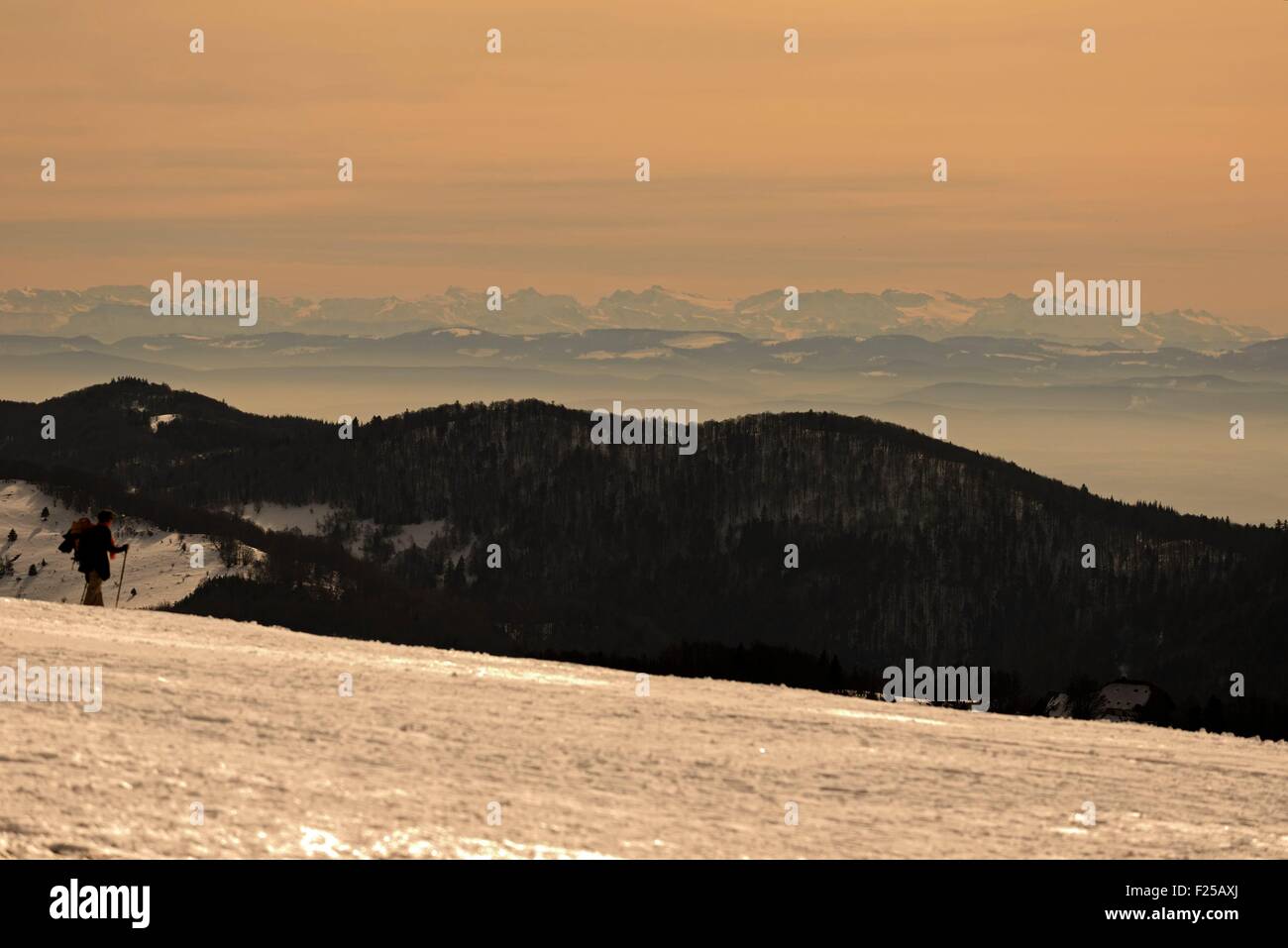 France, Territoire de Belfort, Ballon d'Alsace, top, view of the Jura and the Swiss Alps Stock Photo