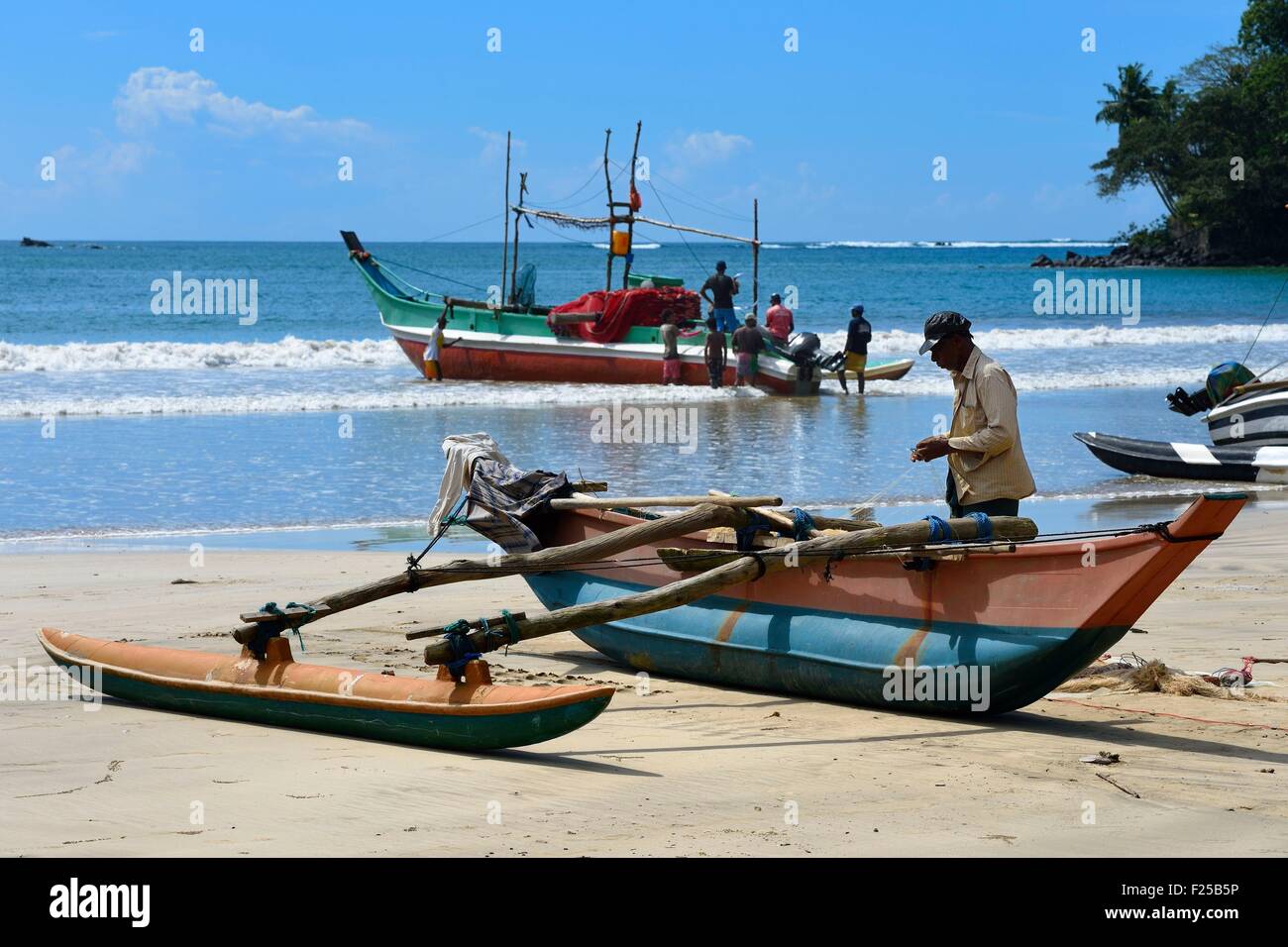 Sri Lanka, Southern Province, Weligama, fishing boat on the Beach Stock Photo