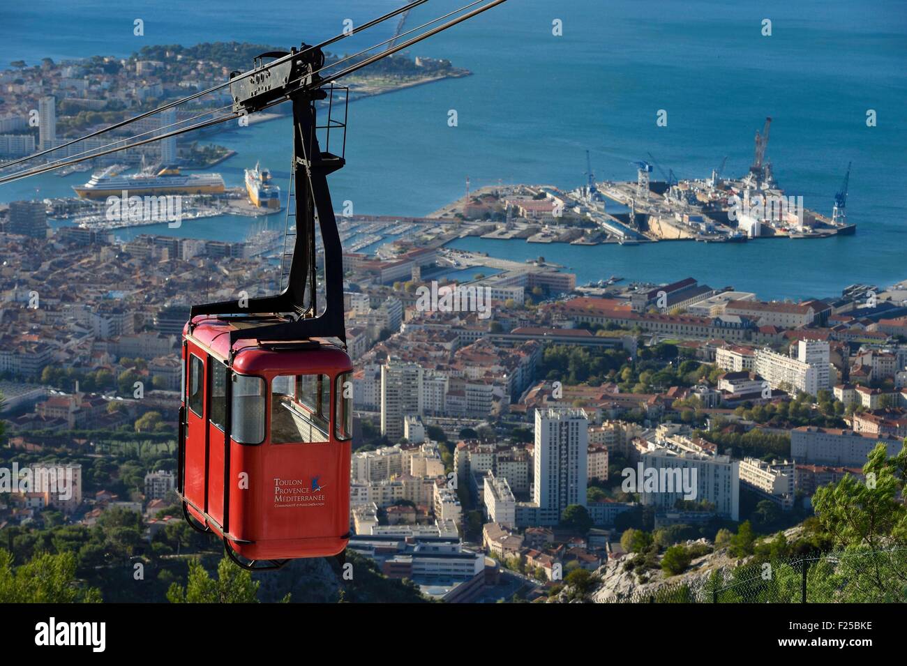 France, Var, Toulon, the Rade (Roadstead), cable car from the Mont Faron and the naval base