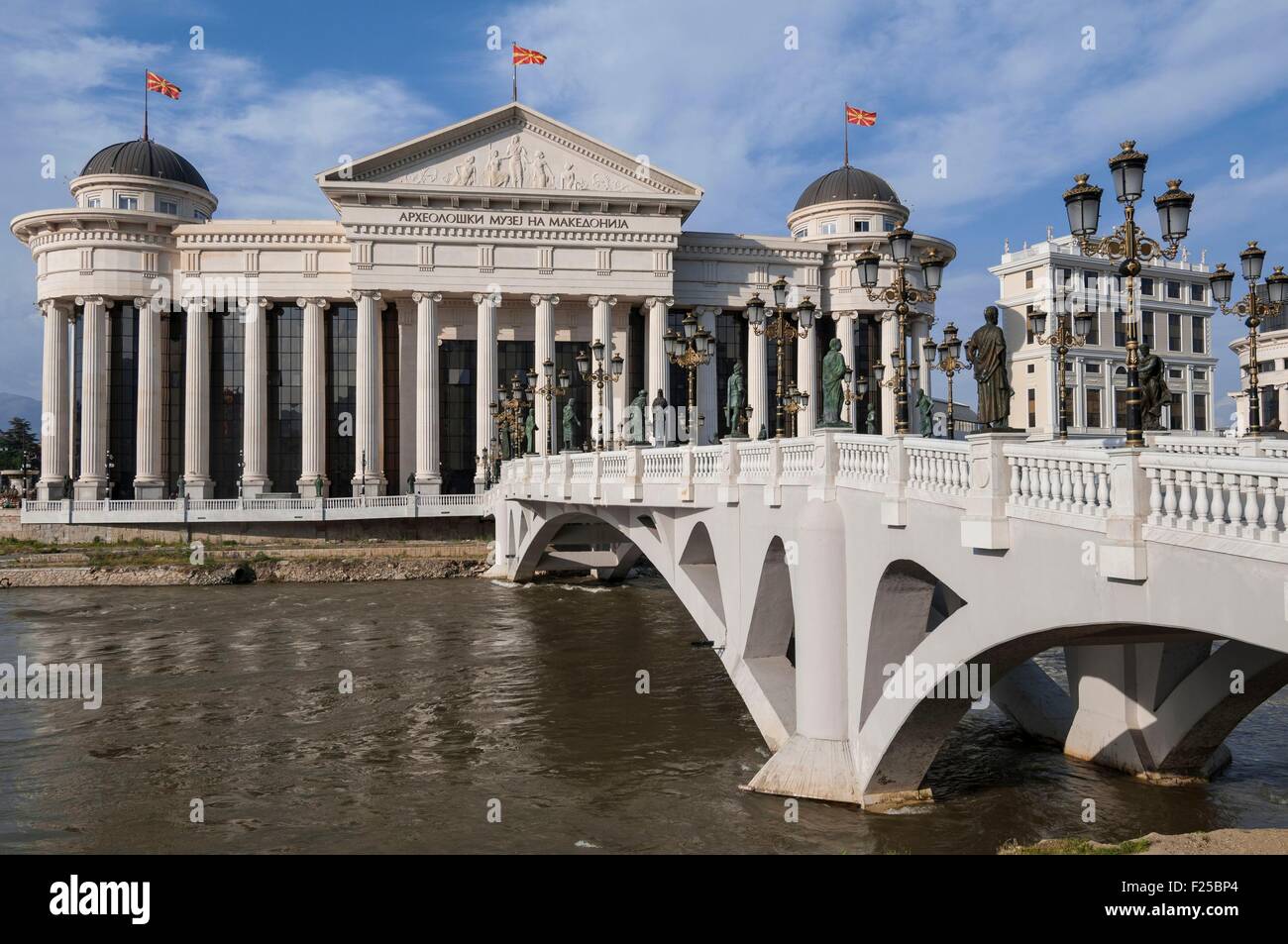 Macedonia, Skopje, downtown, new Civilisation Bridge and Macedonian Archeologilal Museum building Stock Photo