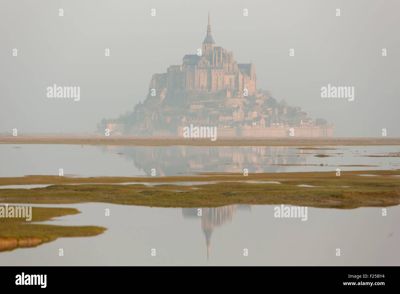 France, Manche, Mont Saint Michel listed as World Heritage by UNESCO, Mont Saint Michel during the high tide of the century from the salted fields Stock Photo