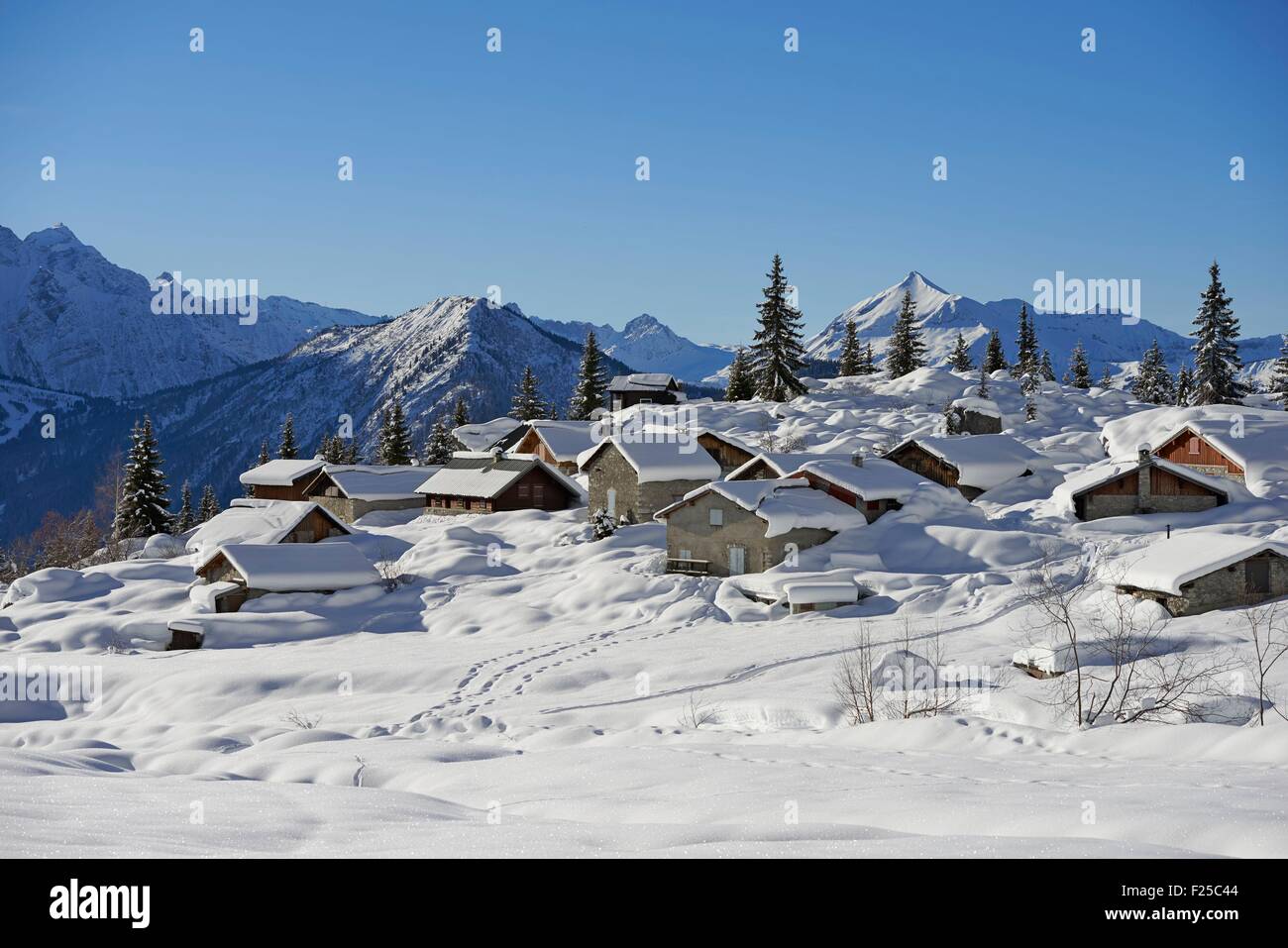 France, Haute Savoie, Passy, the Ayeres chalets in winter Stock Photo