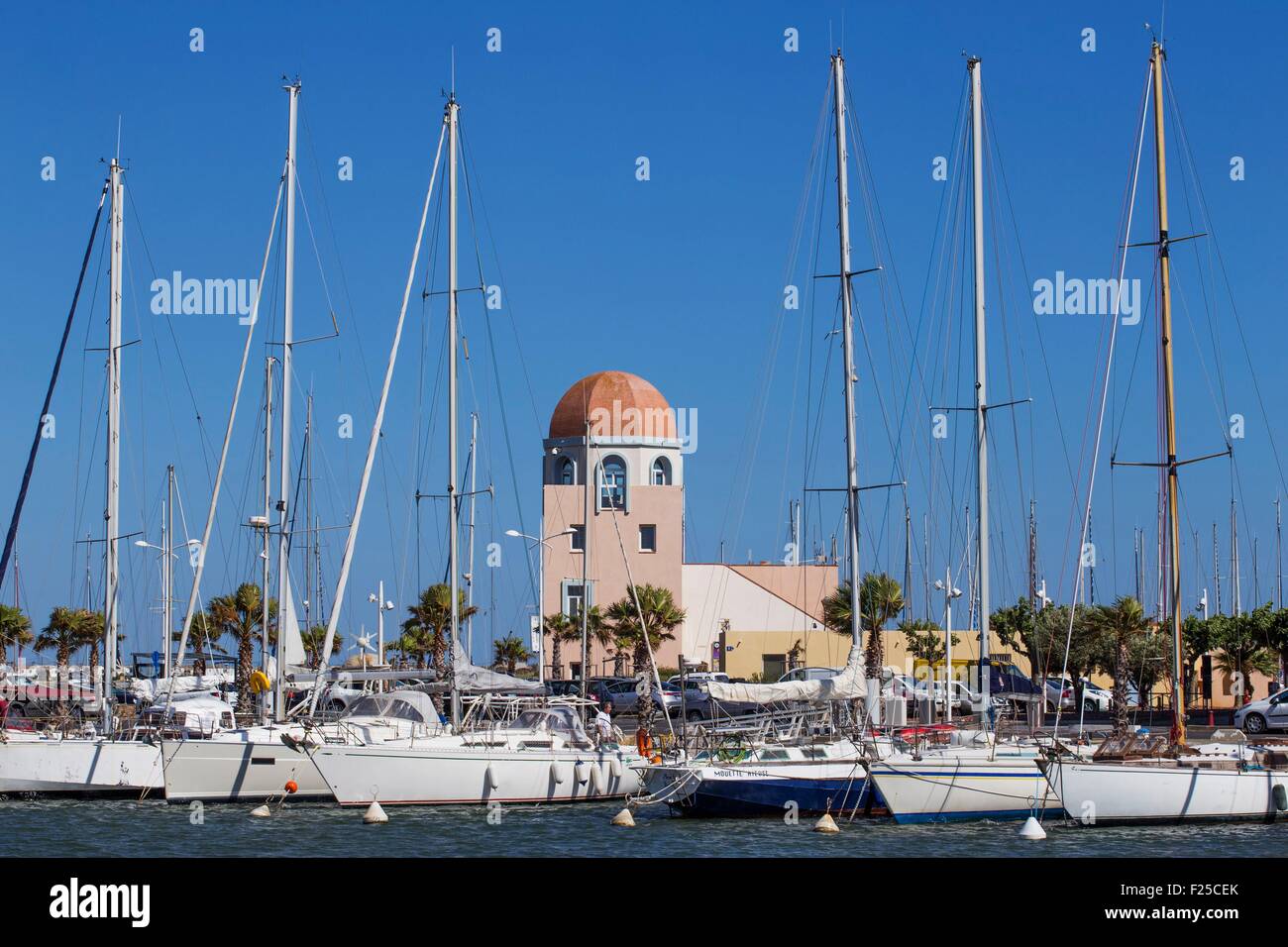 France, Aude, Gruissan, the port, tower of the captaincy Stock Photo