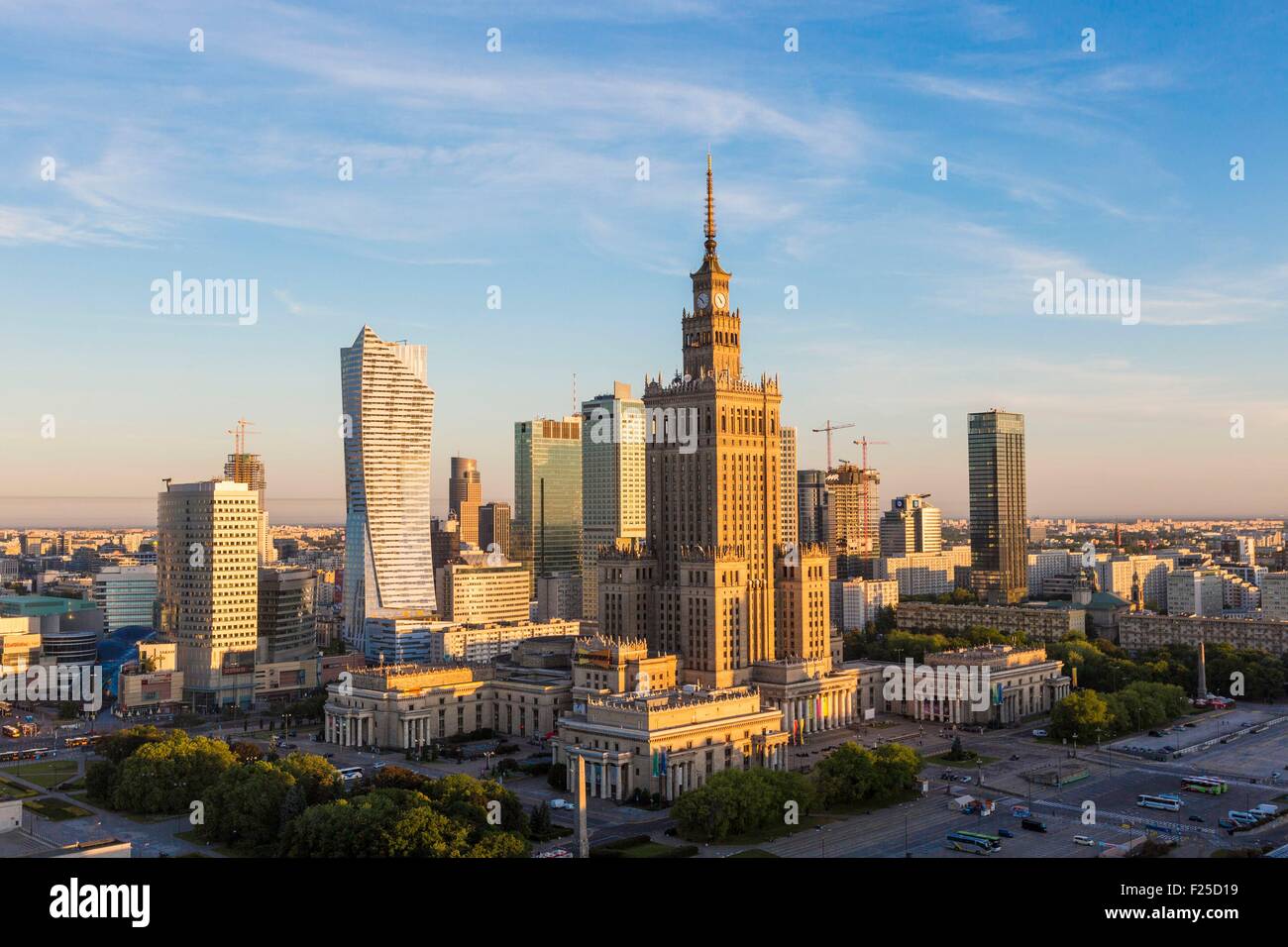 Poland, Mazovia region, Warsaw financial center and Palace of Culture and Sciences Stock Photo