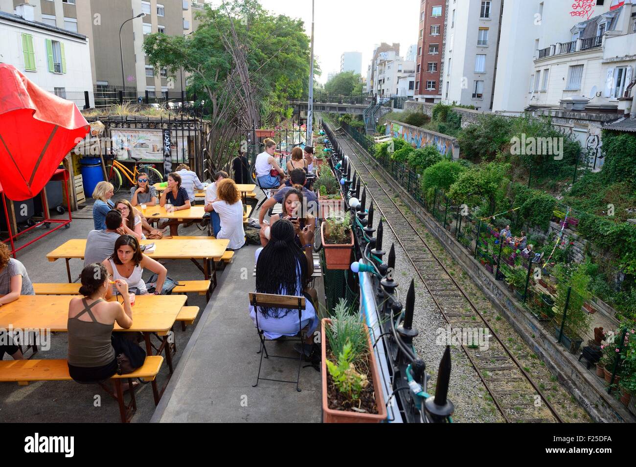 France, Paris, the Small Belt (golden arrow) old train line, old Ornano station, La Recyclerie, restaurant and urban farm Stock Photo