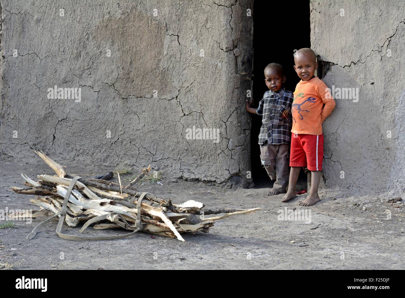 Kenya, Masai Mara Reserve, Masai young children at the entrance of their box a bundle of wood placed on the floor Stock Photo