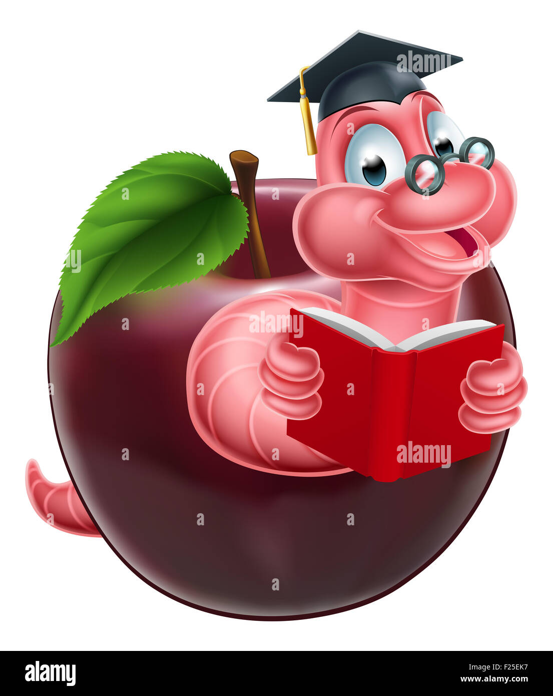 Cartoon caterpillar bookworm worm or caterpillar reading a book and coming out of an apple and wearing glasses and mortar board Stock Photo