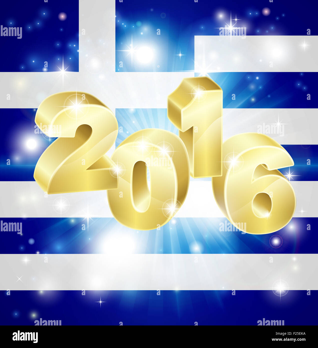 A Greek flag with 2016 coming out of it with fireworks. Concept for New Year or anything exciting happening in Greece in the yea Stock Photo