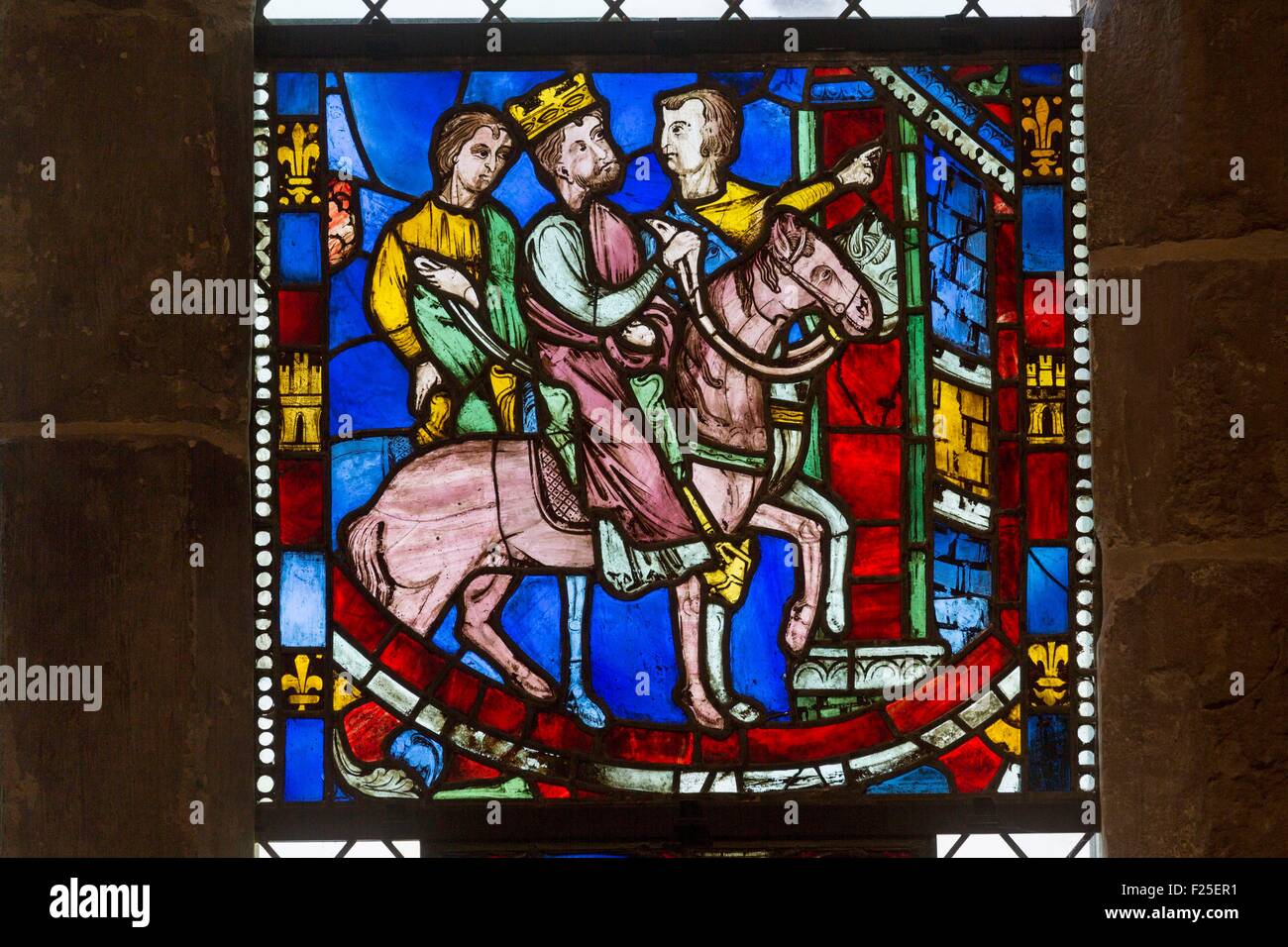 United States, New York, Manhattan, Washington Heights, The Cloisters, stained glass from the cathedral of Rouen, scene from the Legend of the Seven Sleepers of Ephesus, Normandy ca. 1200 1210 Stock Photo