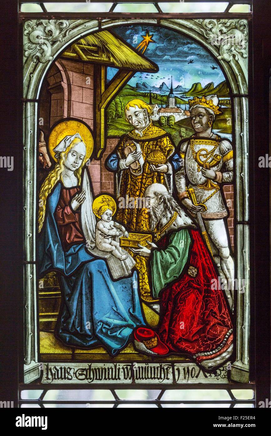 United States, New York, Manhattan, Washington Heights, The Cloisters), stained glass, The Adoration of the Magi, 1507 Munich Bavaria Stock Photo