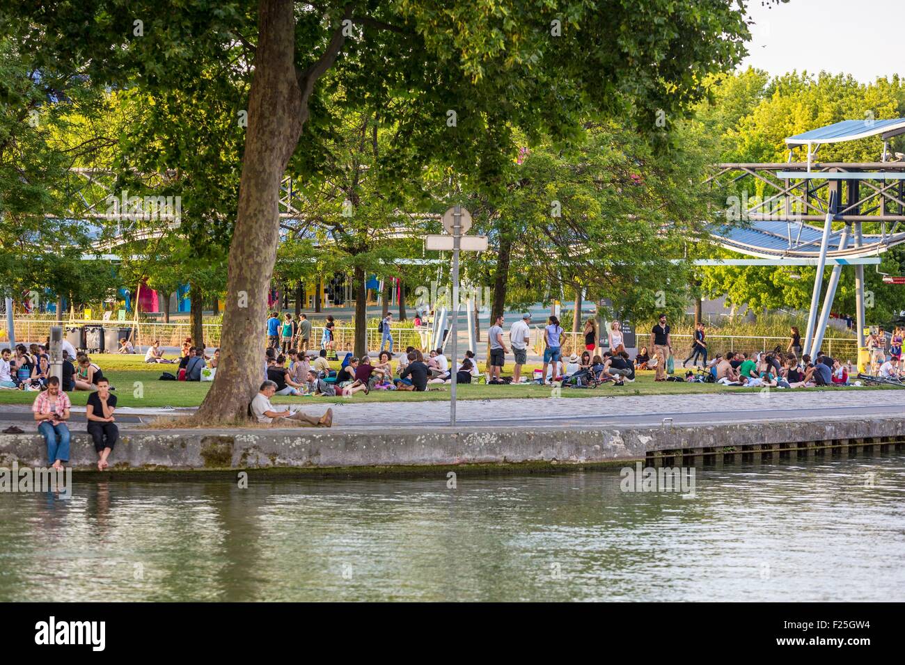 France, Paris, the Parc de la Villette, designed by architect Bernard Tschumi in 1983, the Ourcq canal Stock Photo