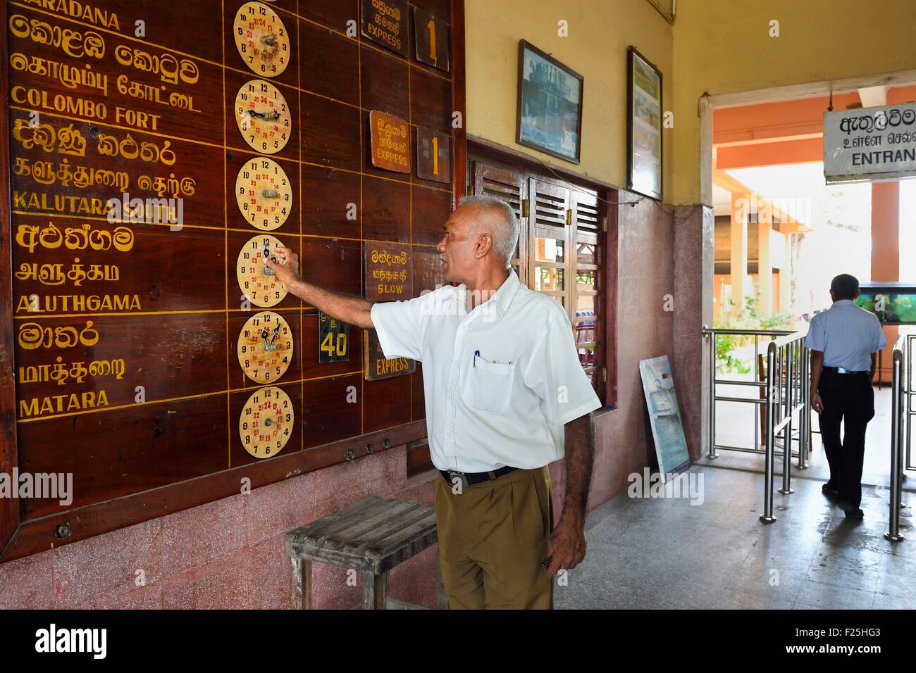 Sri Lanka, Southern Province, Galle railway station, schedules table display Stock Photo Alamy