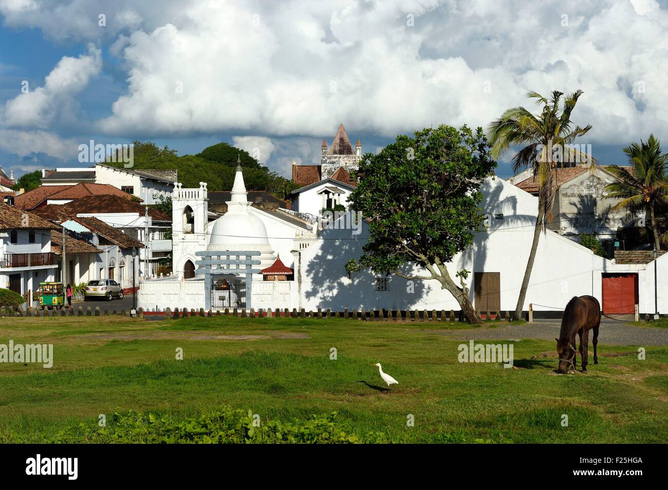 Sri Lanka, Southern Province, Galle Fort, listed as World heritage by UNESCO, Sri Sudharmalaya Buddhist temple in the fort and the All Saints' anglican Church in the background Stock Photo