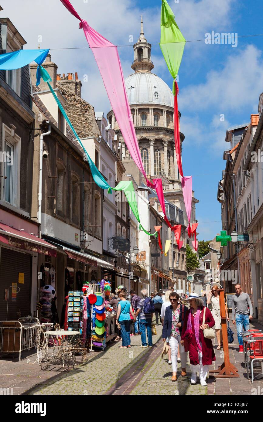 France, Pas de Calais, Boulogne sur Mer, rue de lille and Notre Dame Basilica Stock Photo