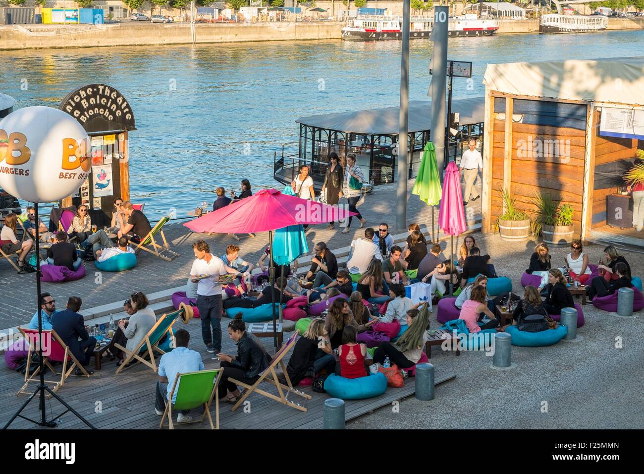France, Paris, Quai Franτois Mauriac, in summer ephemeral restaurants settled along the Seine Stock Photo
