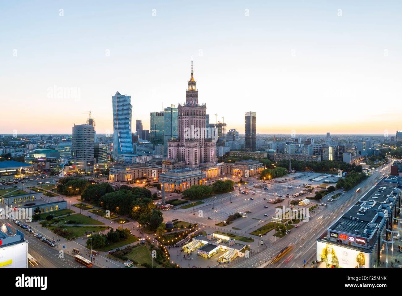Poland, Mazovia region, Warsaw financial center and Palace of Culture and Science Stock Photo