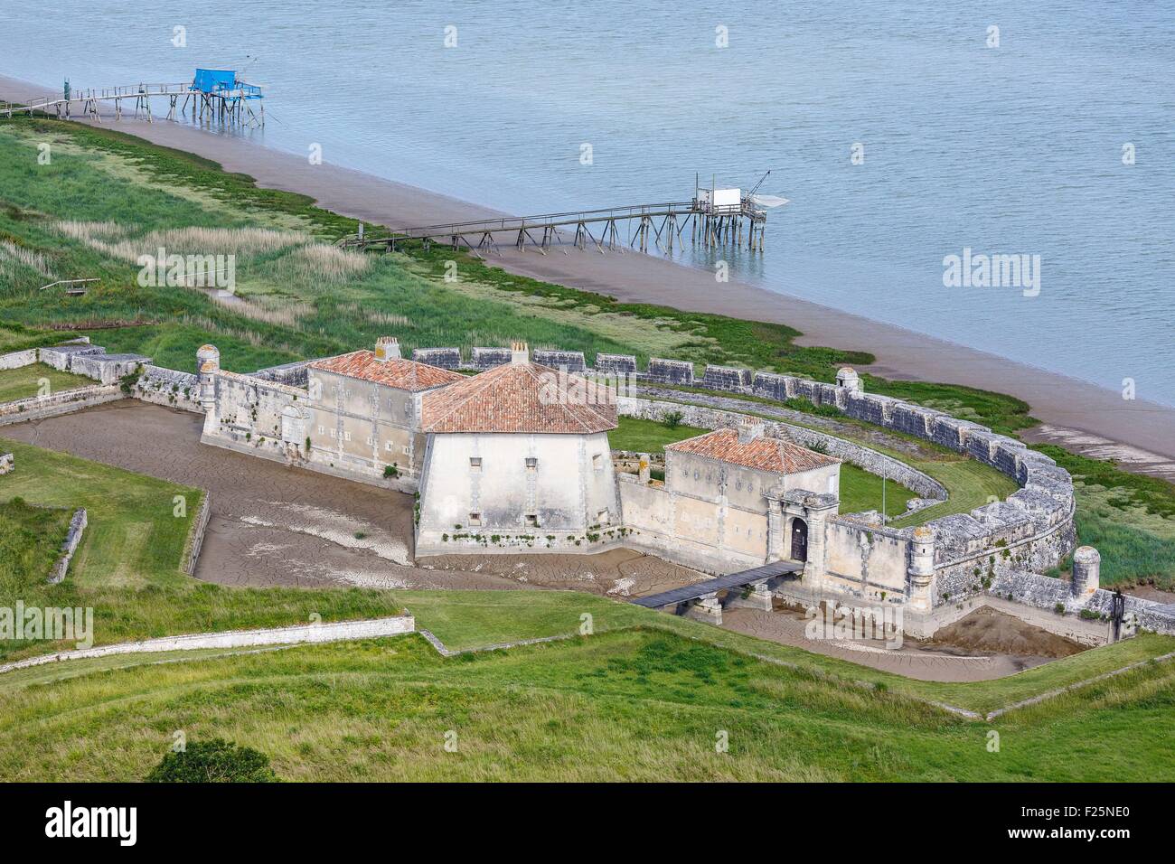 France, Charente Maritime, Saint Nazaire sur Charente, Lupin fort on La Charente river (aerial view) Stock Photo