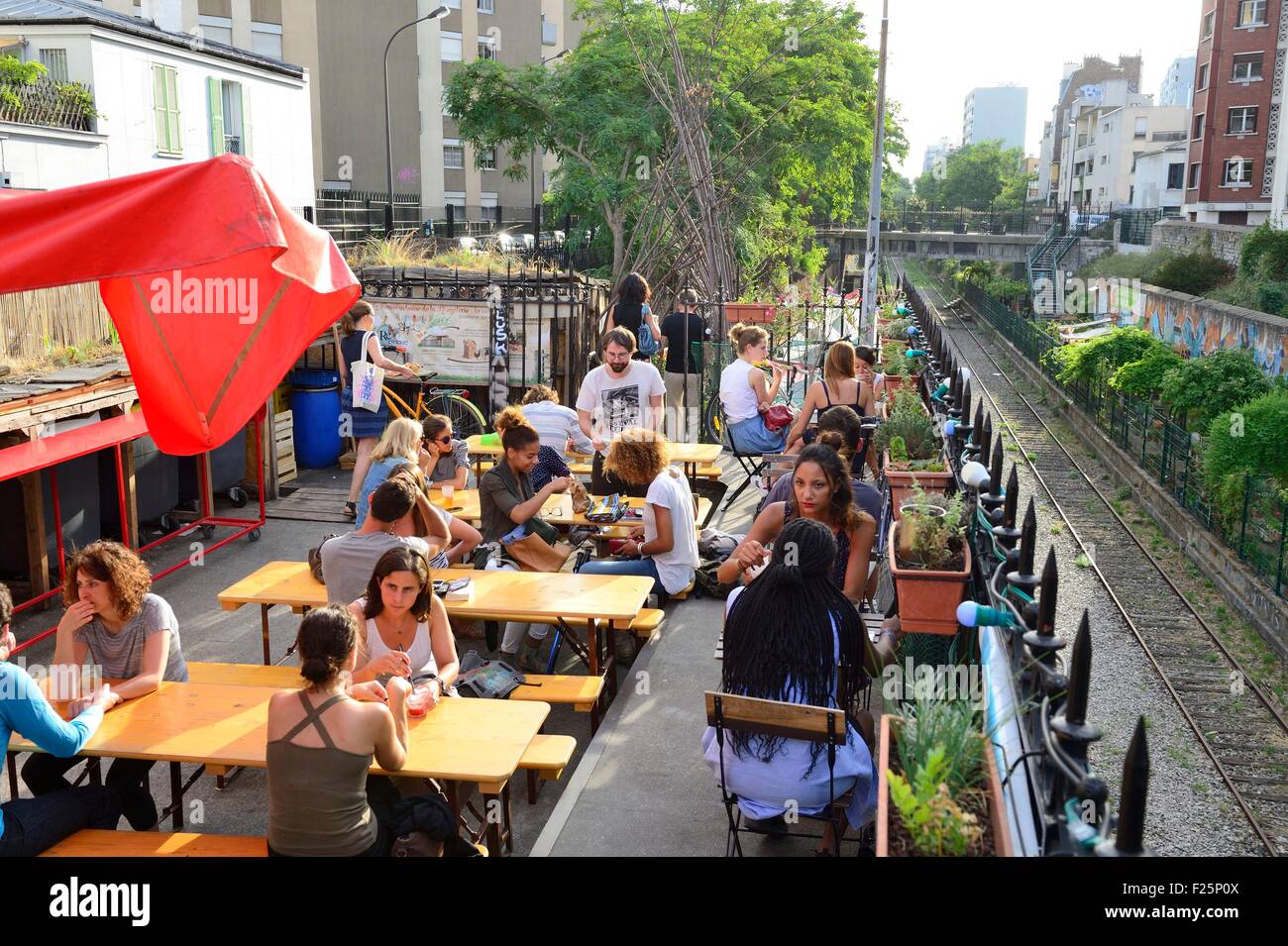 France, Paris, the Small Belt (golden arrow) old train line, old Ornano station, La Recyclerie, restaurant and urban farm Stock Photo