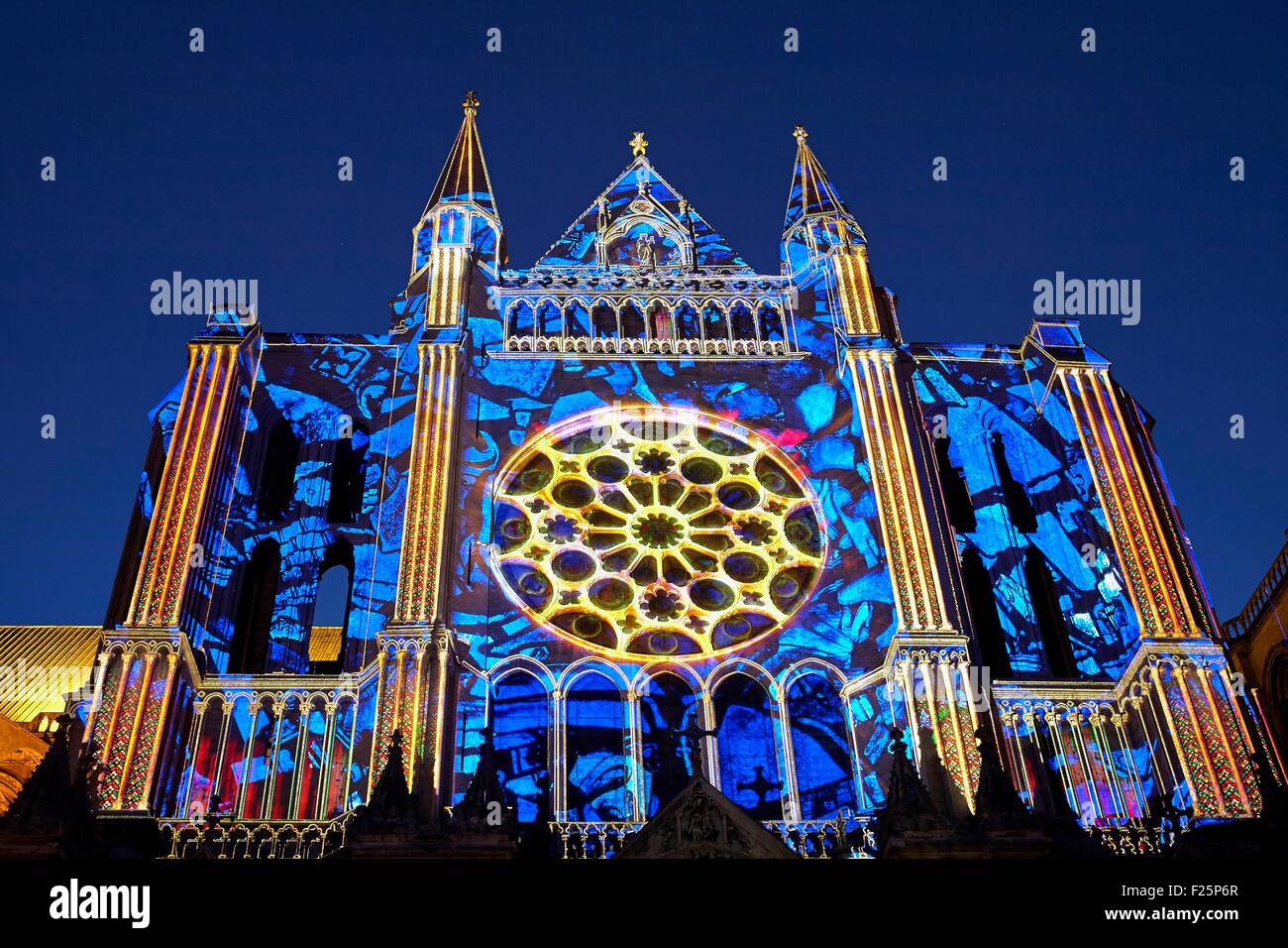France, Eure et Loir, Chartres, Cathedral Notre Dame listed as World Heritage by UNESCO, South portal illuminated, scenography by Spectaculaires Stock Photo