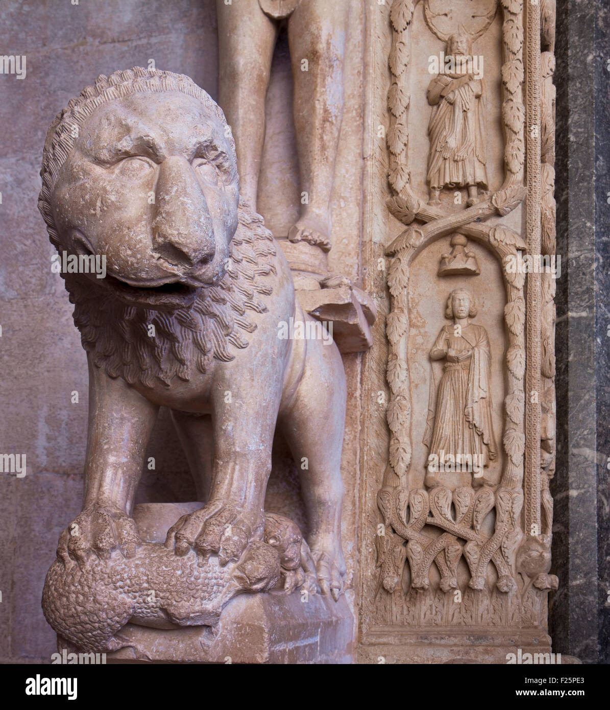 Trogir, Croatia,Cathedral of St. Lawrence, detail of the marble portal with carved lion Stock Photo