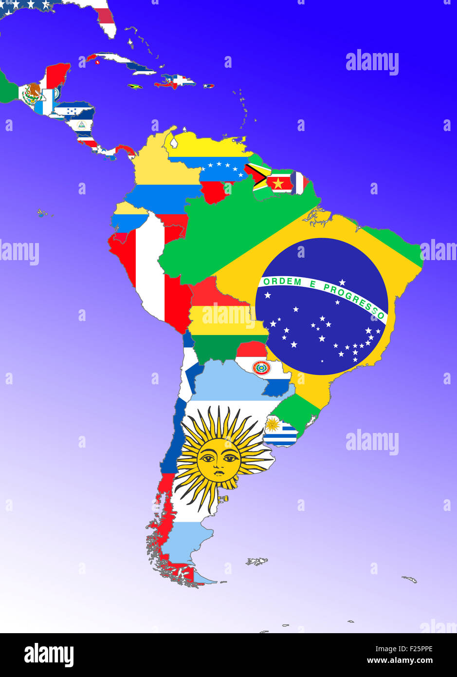 Symbolbild: Lateinamerika: Suedamerika und Mittelamerika: Laenderumrisse mit Flaggen/ symbolic image: Latin America: South Ameri Stock Photo