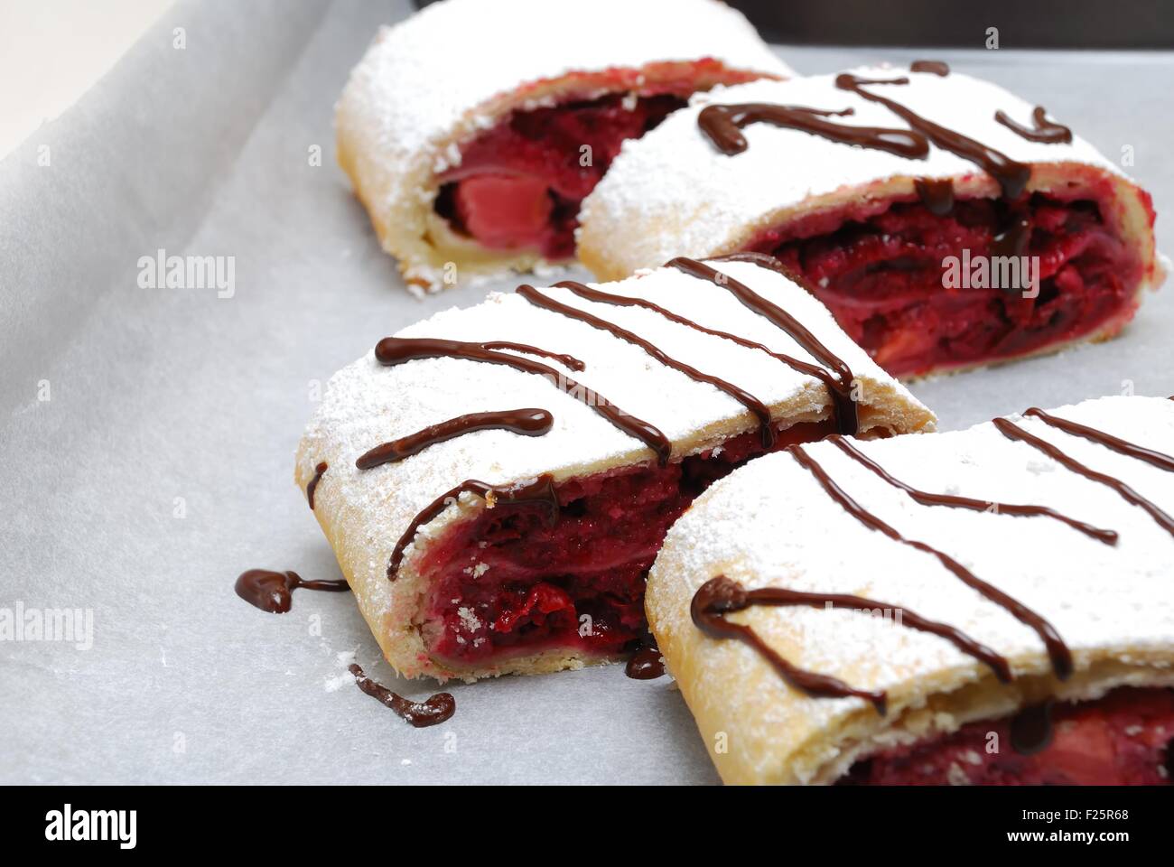 Swiss Rolls Cake With Cherry And Strawberry Decorated Decorated