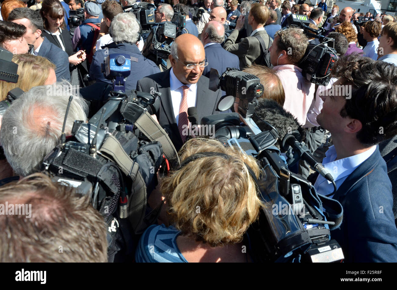 London, UK. 12th Sep, 2015. Crowds gather outside the Queen Elizabeth II Conference Centre in Westminster for the result of the labour party leadership Election. Keith Vaz being interviewed after the result Credit:  PjrNews/Alamy Live News Stock Photo
