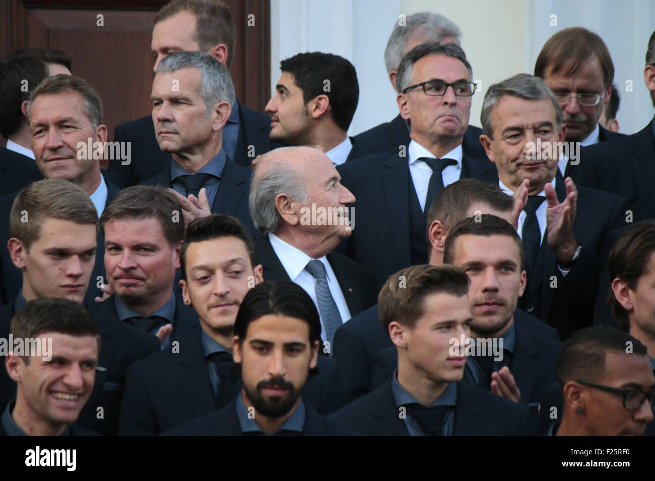 Thomas Mueller, Matthias Ginter, Andreas Koepke, Mesut Oezil, Sami Khedira, Sepp Blatter, Erik Durm, Lukas Podolski, Jerome Boat Stock Photo