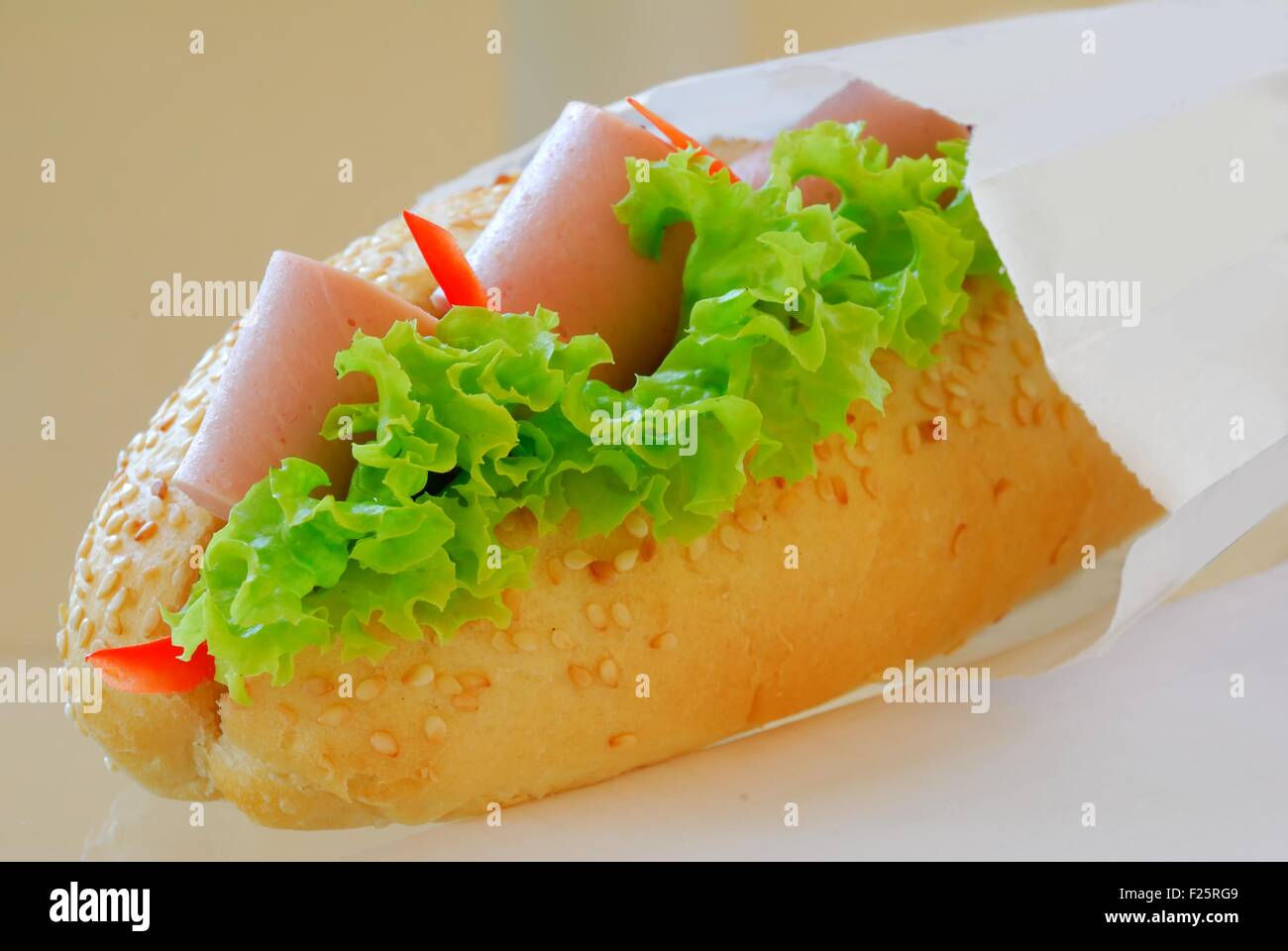 submarine sandwich with sausage in paper bag at kitchen Stock Photo Alamy