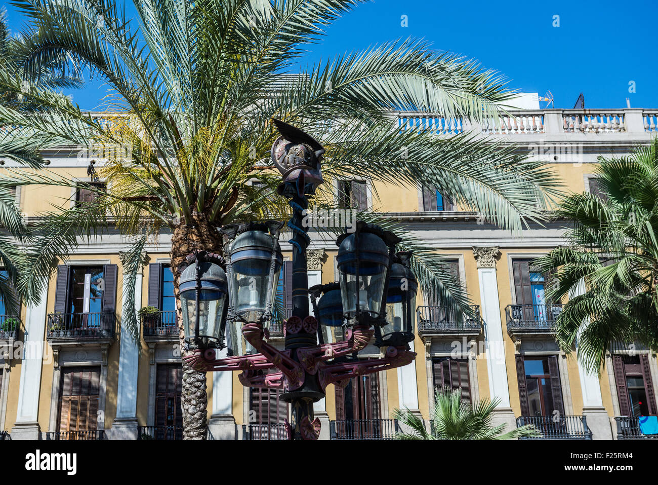 Lantern at Placa Reial (Royal Square) square in the Barri Gotic district of Barcelona, Catalonia, Spain Stock Photo