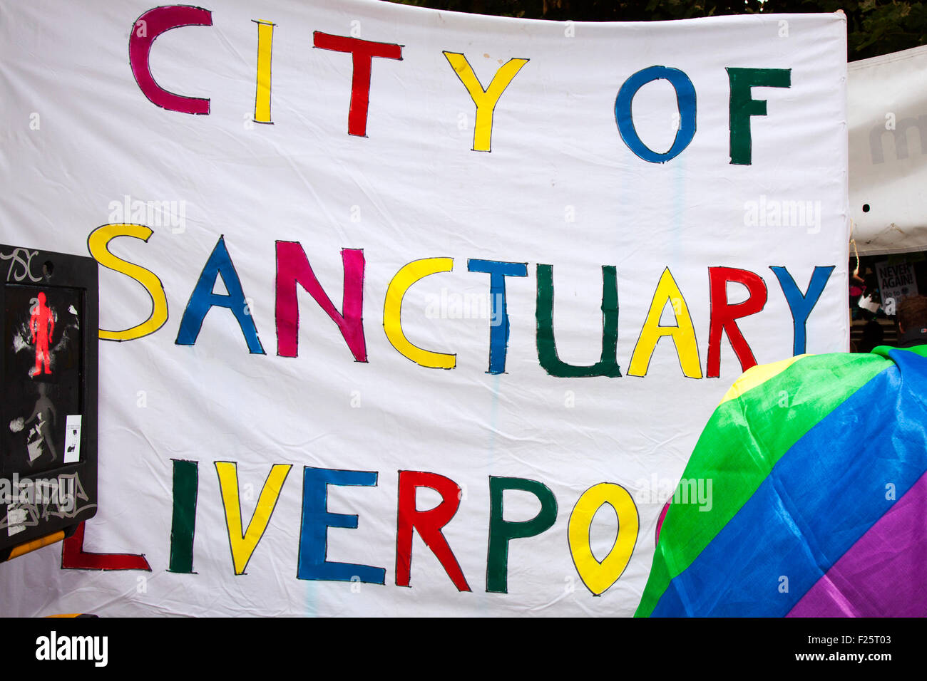 Hand-painted multi-coloured signs, welcome banners and Posters in Liverpool, Merseyside, UK 12th September 2015. Refugees Welcome Rally. A national day of action called in response to reports of refugees fleeing war, persecution, torture and poverty losing their lives or struggling to find a safe haven. The national day of action is sponsored by Stop the War Coalition, Solidarity With Refugees, Stand up to Racism, BARAC, Migrant Rights Network, People's Assembly, War on Want, Movement Against Xenophobia, Love Music Hate Racism. supporting asylum seekers' march in the city centre. Stock Photo