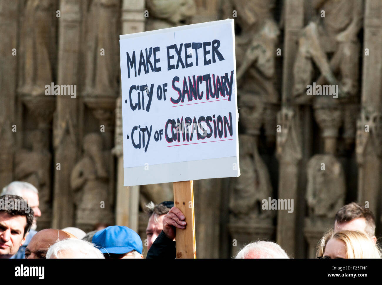 Exeter, Devon, UK. 12th Sep, 2015. Exeter City of Sanctuary sign during the Exeter Solidarity With Refugees Event outside the west front of Exeter Cathedral Credit:  Clive Chilvers/Alamy Live News Stock Photo