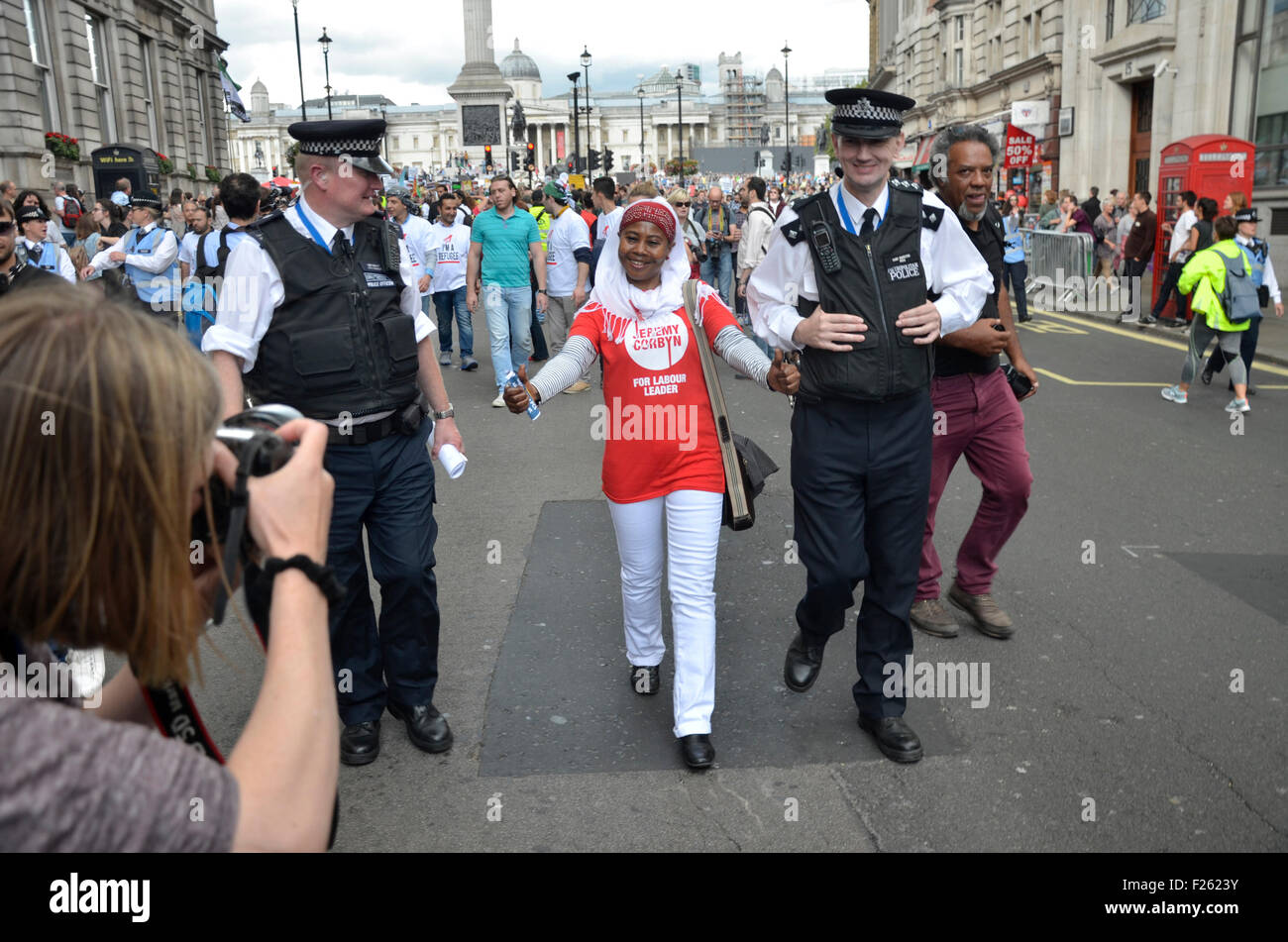 London, 12th Sept. Tens of thousands march in support of refugees, from Marble Arch to parliament Square, where they are addressed by speakers including the new labour leader, Jeremy Corbyn. Credit:  PjrNews/Alamy Live News Stock Photo