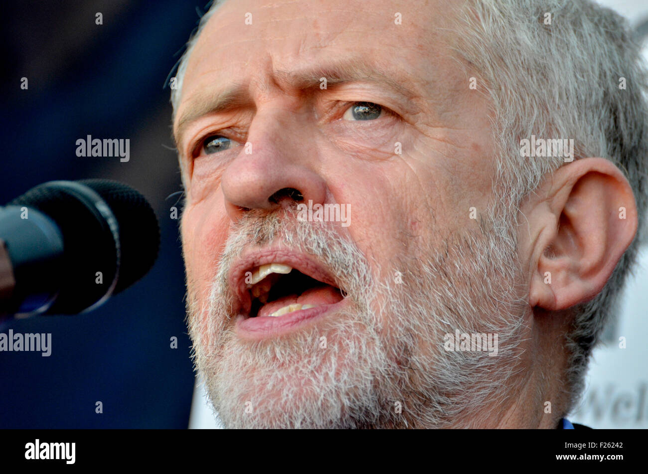 Jeremy Corbyn MP speaking at the 'Refugees Welcome Here' rally in Parliament Square,12/09/15, his first engagement as leader Stock Photo