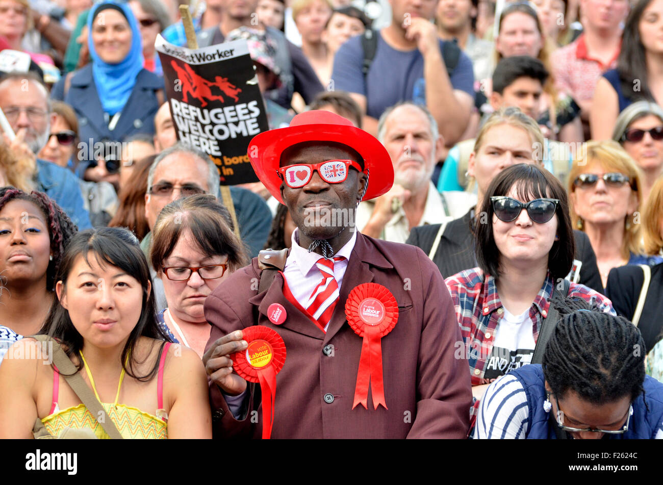 London, 12th Sept. Tens of thousands march in support of refugees, from Marble Arch to parliament Square, where they are addressed by speakers including the new labour leader, Jeremy Corbyn. Credit:  PjrNews/Alamy Live News Stock Photo