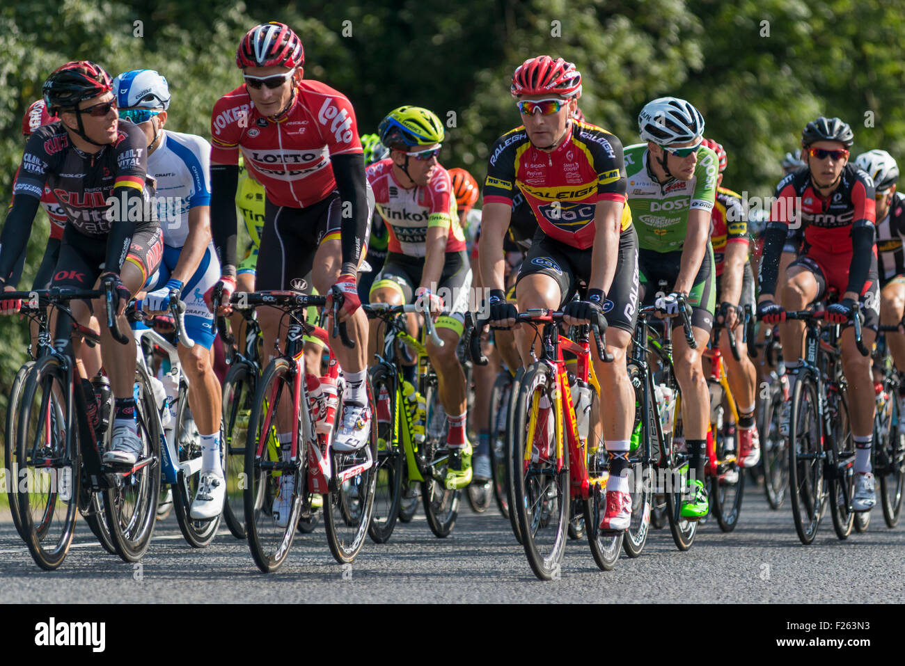 Cyclists competing in the Prudhoe-Hartside leg of the 2015 Tour of Britain, Hexham, Northumberland, England Stock Photo