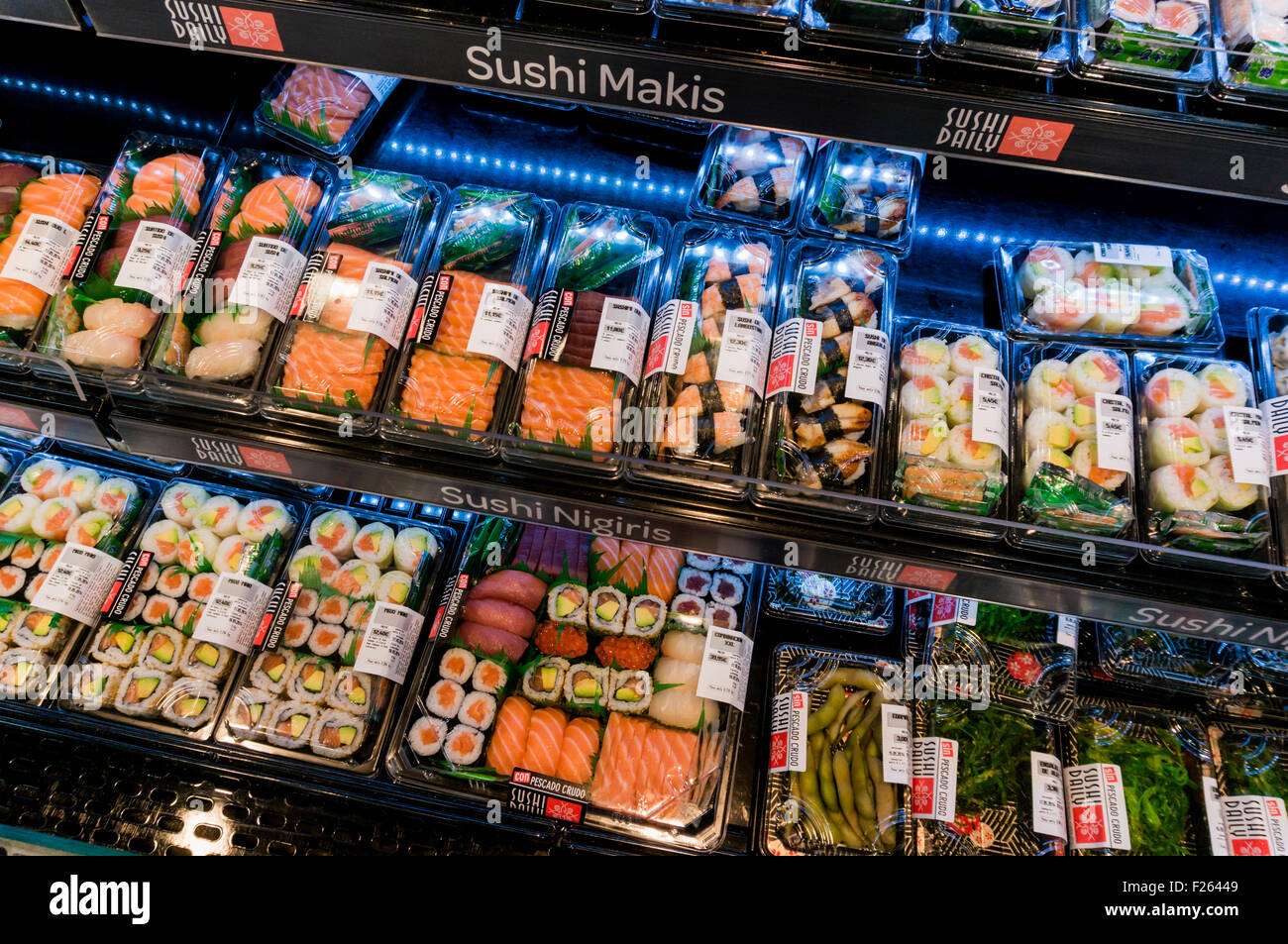 Carrefour supermarket.  Fresh sushi selection. Torremolinos, Costa del Sol, Malaga Province, Andalusia, southern Spain. Stock Photo