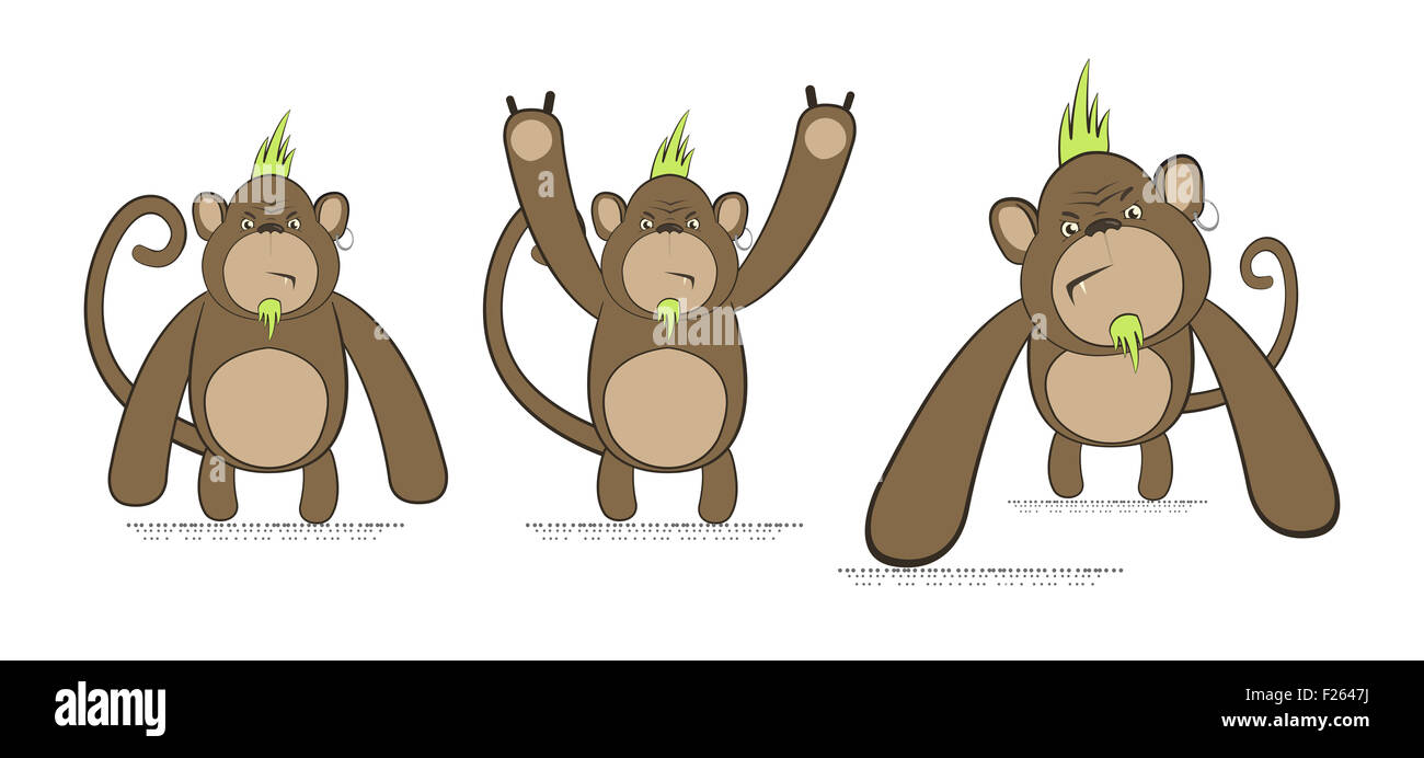 Set of monkeys in punk style, with green Mohawk and piercing Stock Photo