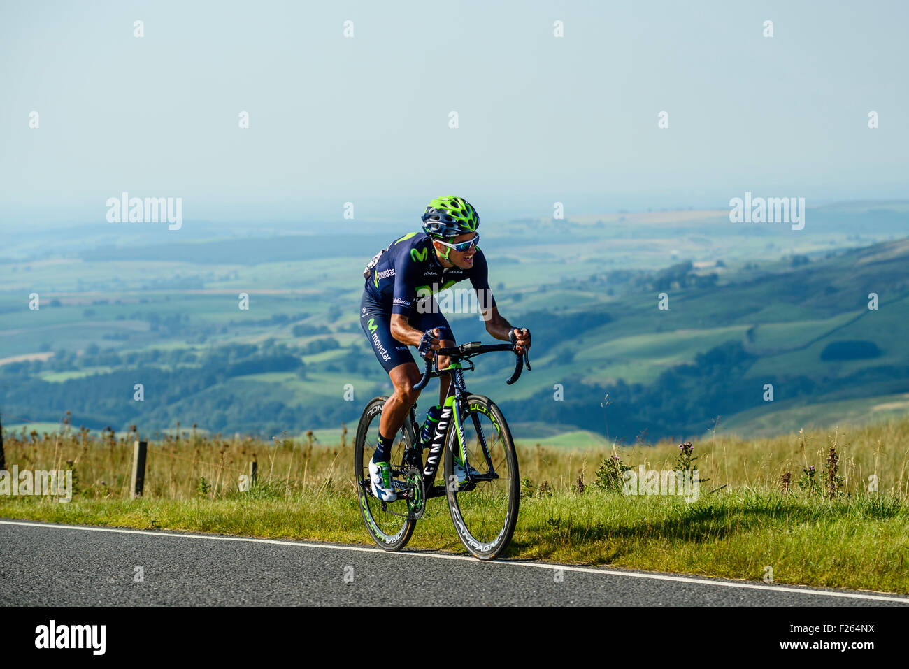 Benat Intxausti Elorriaga (Spain) Movistar Team on the climb of Hartside on Stage 5 of the 2015 Tour of Britain. Stock Photo