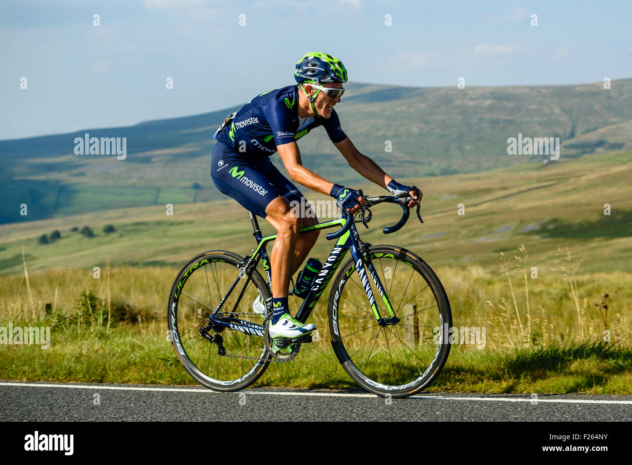 Rubén Fernandez Andujar (Spain) Movistar Team on the climb of Hartside on Stage 5 of the 2015 Tour of Britain. Stock Photo