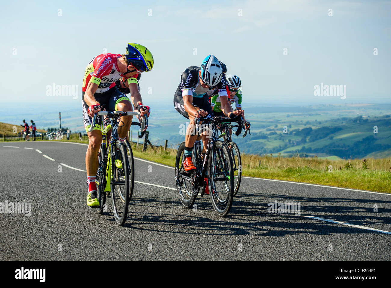 Chris Anker Sørensen Tinkoff-Saxo and Zdenek Stybar Etixx-Quick Step lead a  group climbing Hartside in the 2015 Tour of Britain Stock Photo