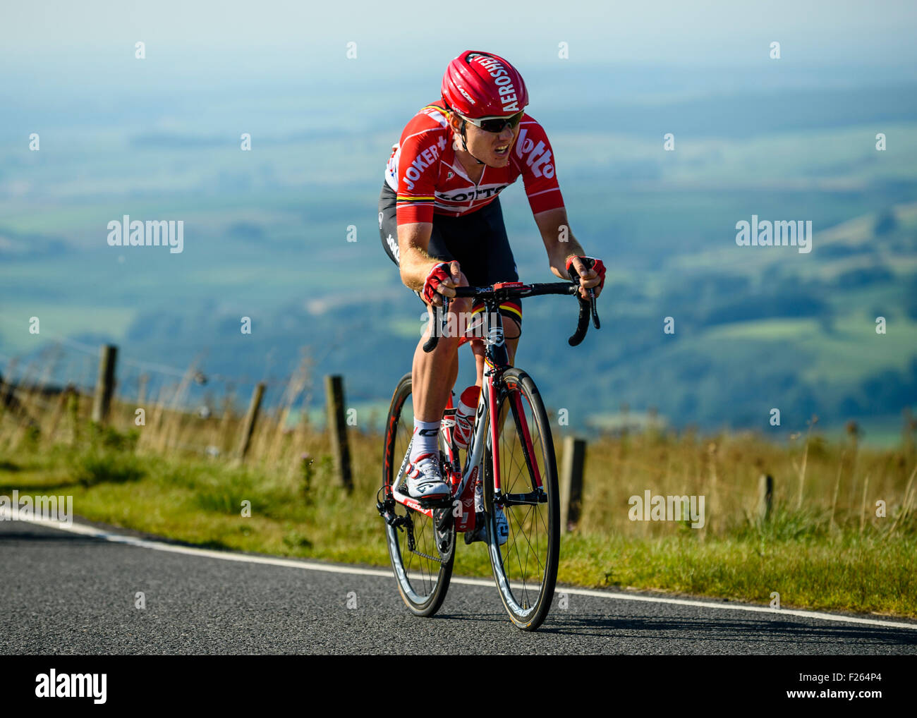 Pim Ligthart (Ned) Lotto-Soudal on the climb of Hartside on Stage 5 of the 2015 Tour of Britain Stock Photo