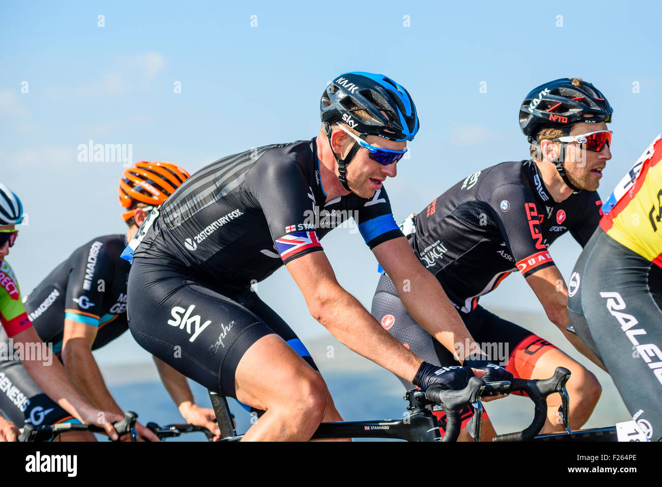 Ian Stannard of Team Sky and Rob Partridge of NFTO on the climb of Hartside on Stage 5 of the 2015 Tour of Britain Stock Photo