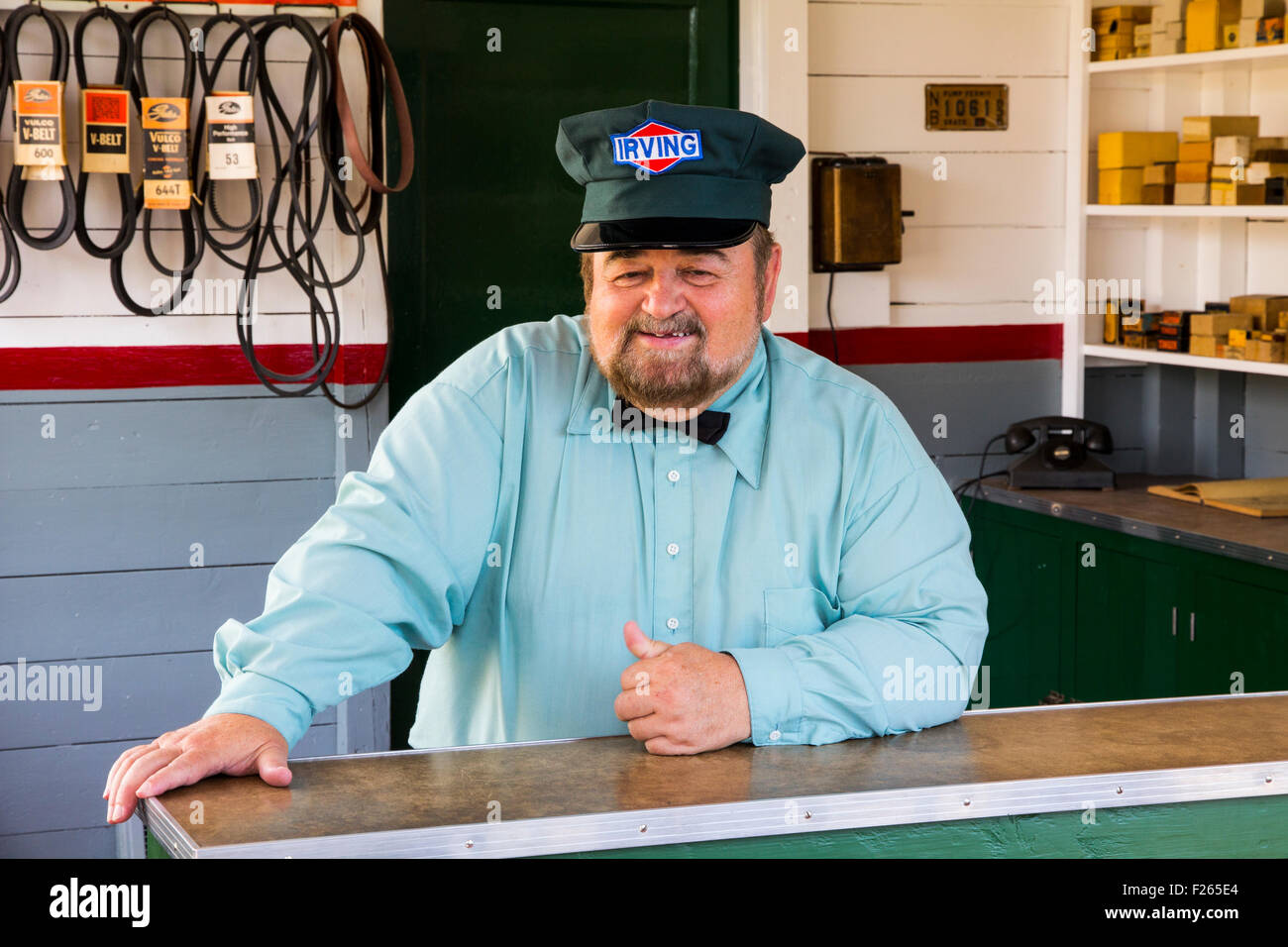 Irving gas station attendant, Village Historique Acadien, Caraquet, New Brunswick, Canada. Stock Photo