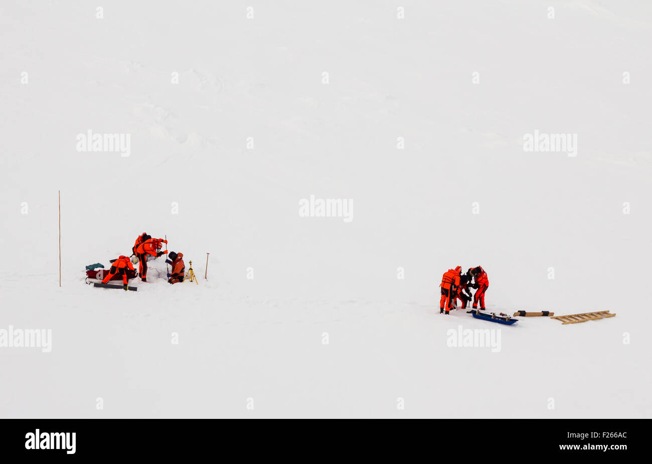 A group of polar scientists working over an ice floe in  Antarctica Stock Photo