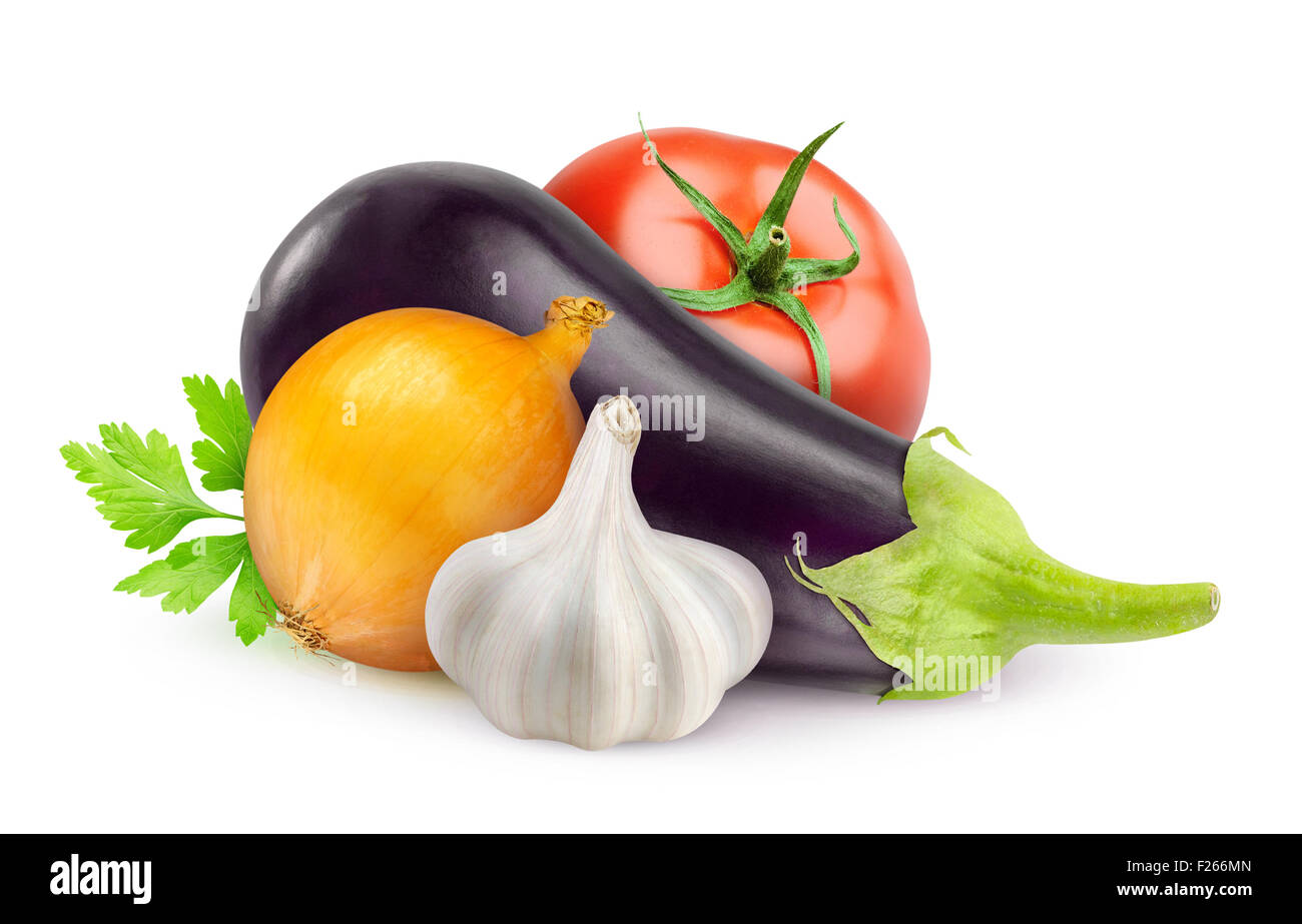Eggplant, tomato, onion and garlic isolated on white Stock Photo - Alamy