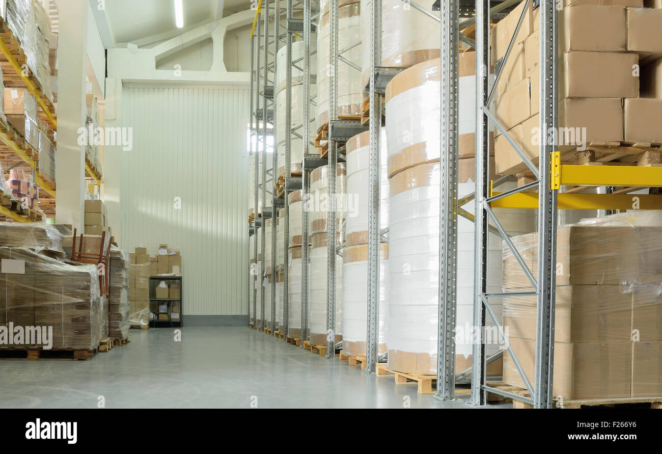 industry warehouse (storage for white roll and boxes Stock Photo - Alamy